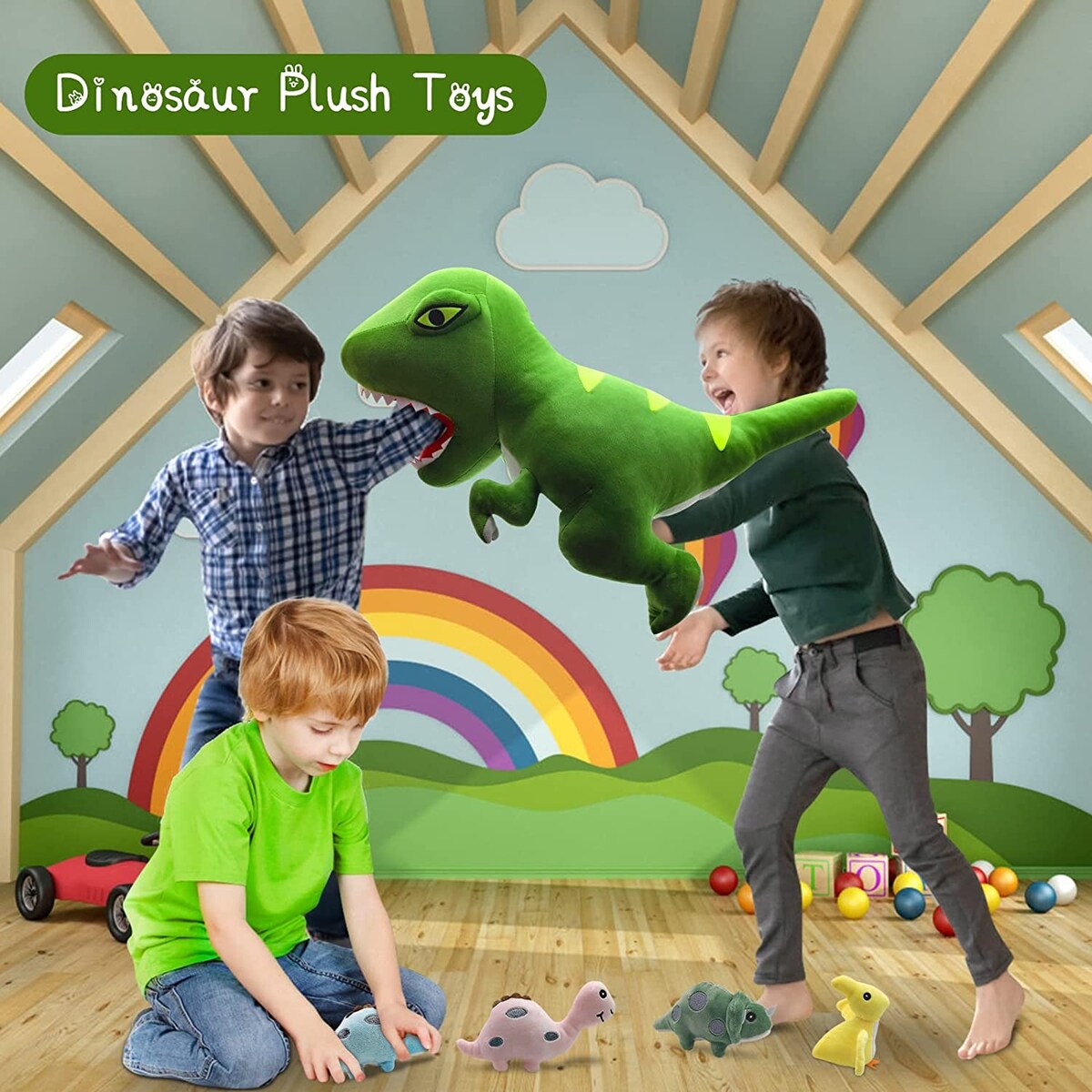 Dinosaur Stuffed Animals, Soft Plush Toys with 4 Pieces Cute Fluffy Baby Dinosaur Inside Its Zippered Tummy
