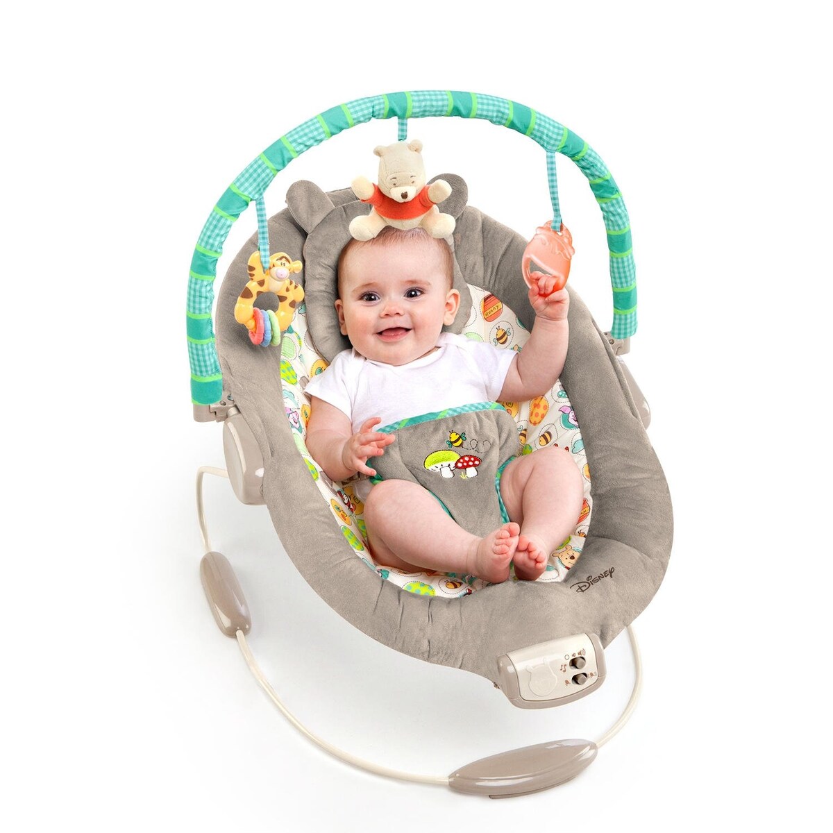 Disney Baby Winnie the Pooh Baby Bouncer Soothing Vibrations Deluxe Infant Seat - Faux Suede, Music, Removable -Toy Bar