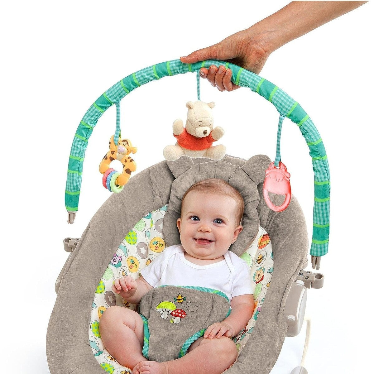 Disney Baby Winnie the Pooh Baby Bouncer Soothing Vibrations Deluxe Infant Seat - Faux Suede, Music, Removable -Toy Bar