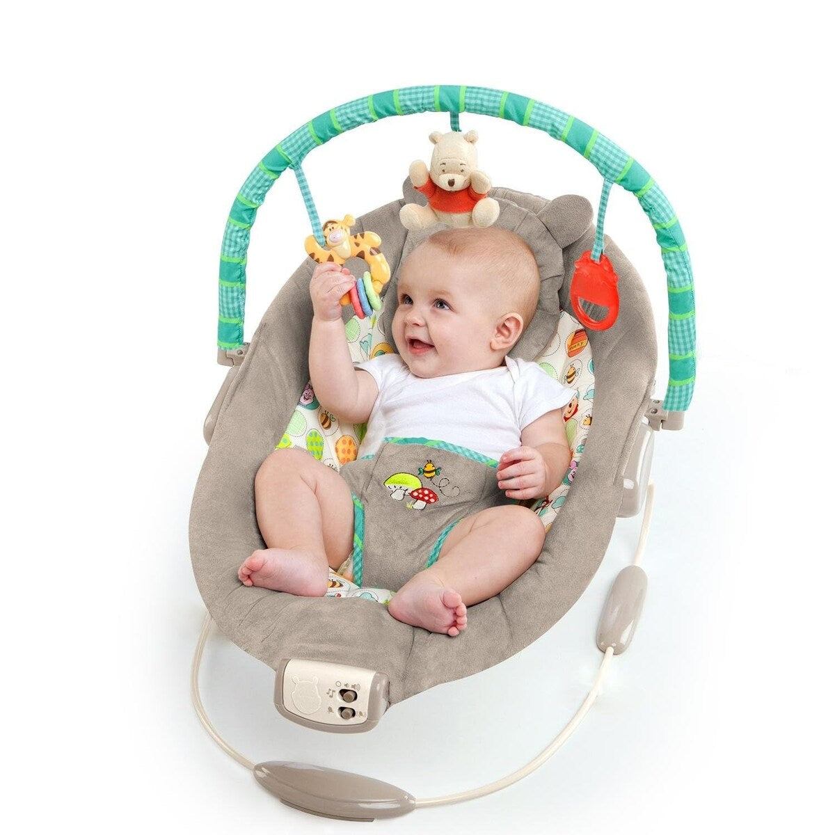 Disney Baby Winnie the Pooh Baby Bouncer Soothing Vibrations Deluxe Infant Seat - Faux Suede, Music, Removable -Toy Bar