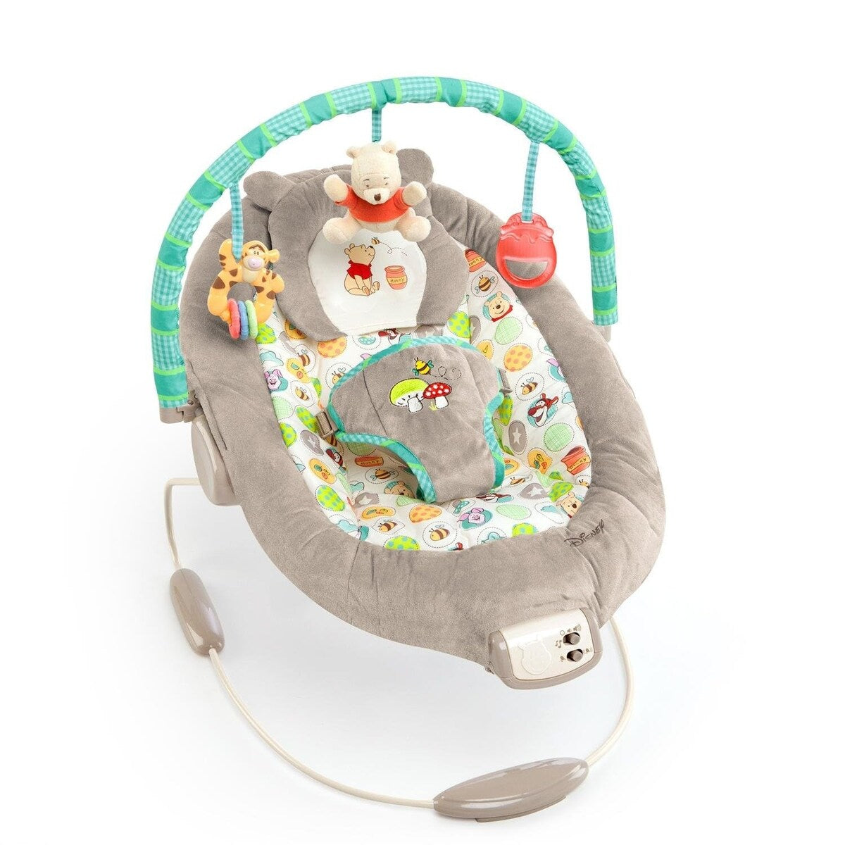 Disney Baby Winnie the Pooh Baby Bouncer Soothing Vibrations Deluxe Infant Seat - Faux Suede, Music, Removable -Toy Bar