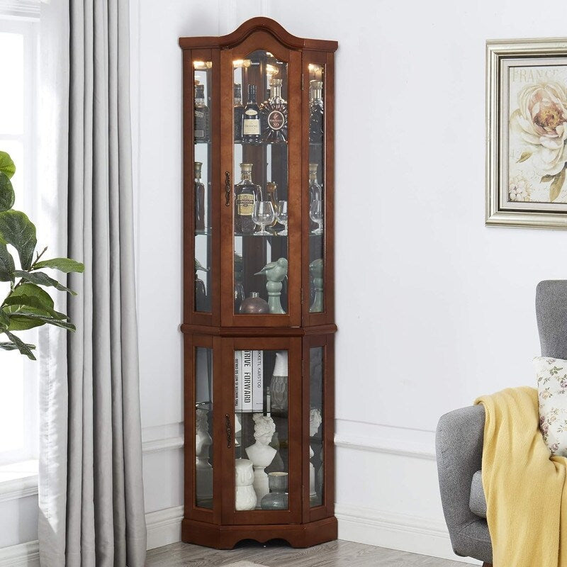 Display Cabinet Corner Curio Cabinet with Lights, Adjustable Tempered Glass Shelves