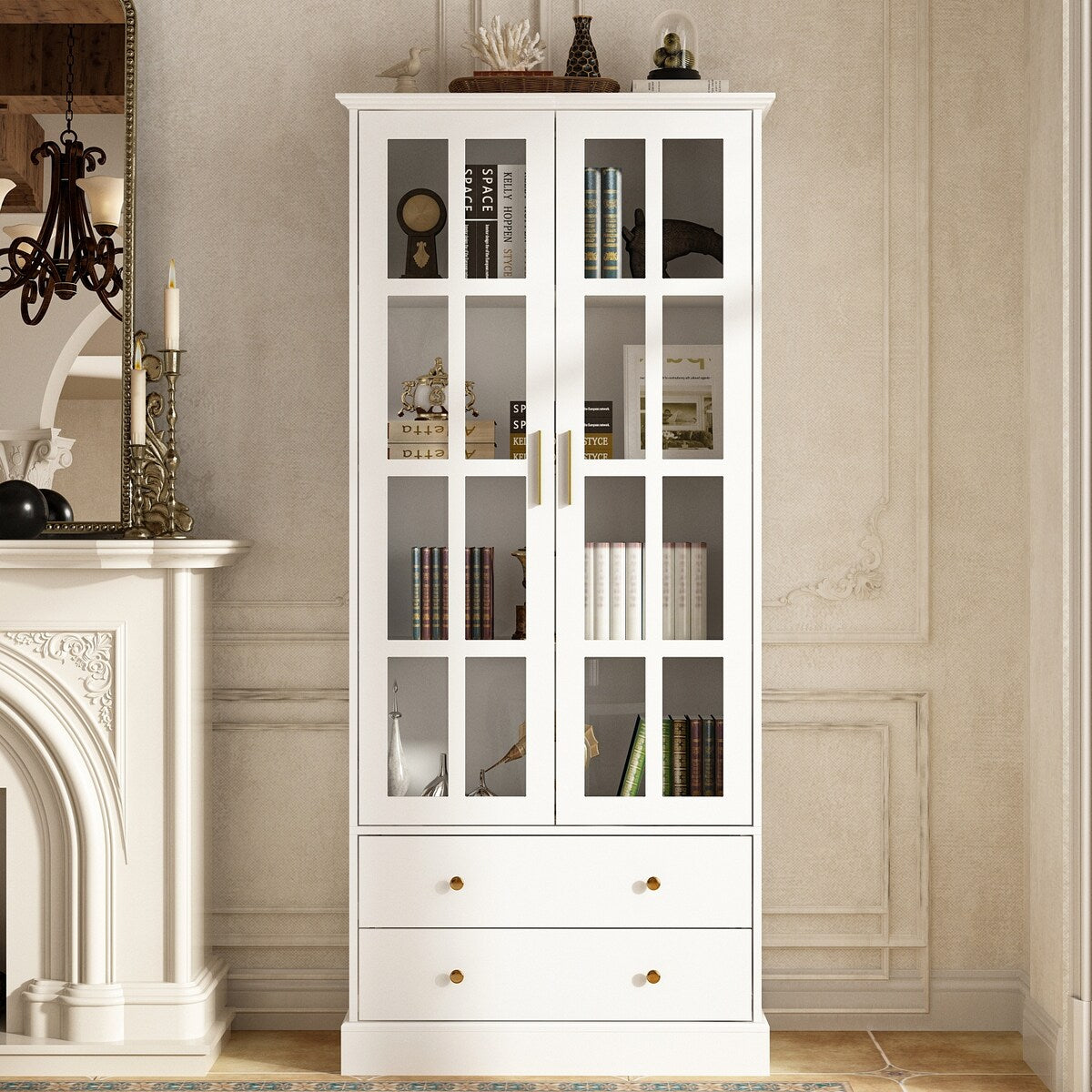Display Cabinet with Glass Doors Bookcase Accent Living Room Hallway