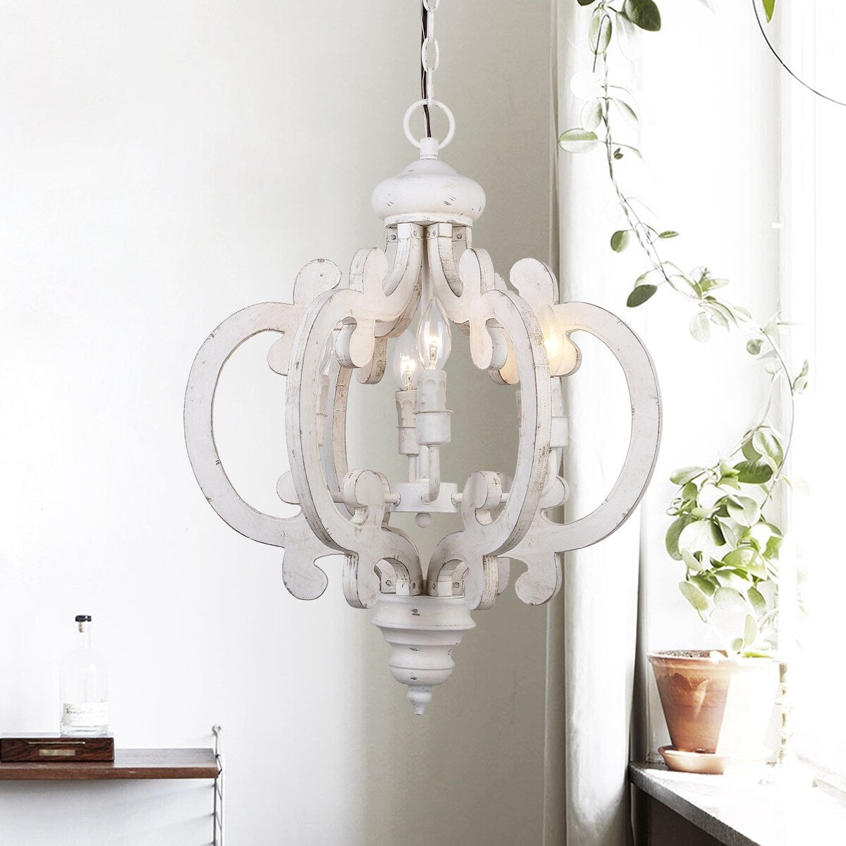 Distressed Antique White Wooden 6-Light Chandelier