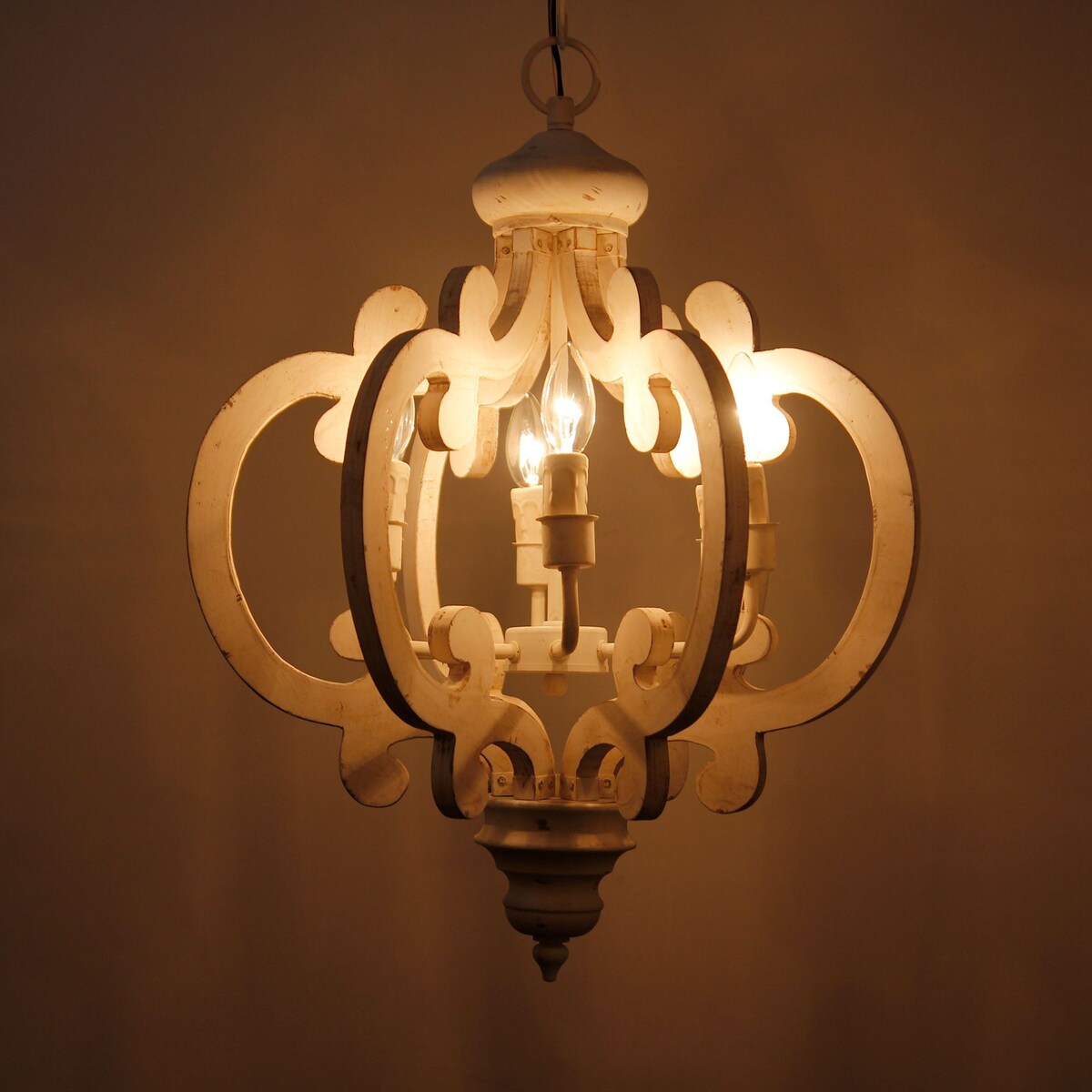 Distressed Antique White Wooden 6-Light Chandelier