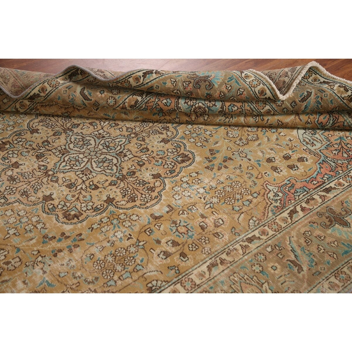 Distressed Gold Tabriz Persian Vintage Rug Hand-Knotted Wool Carpet - 6'6" x 9'9"