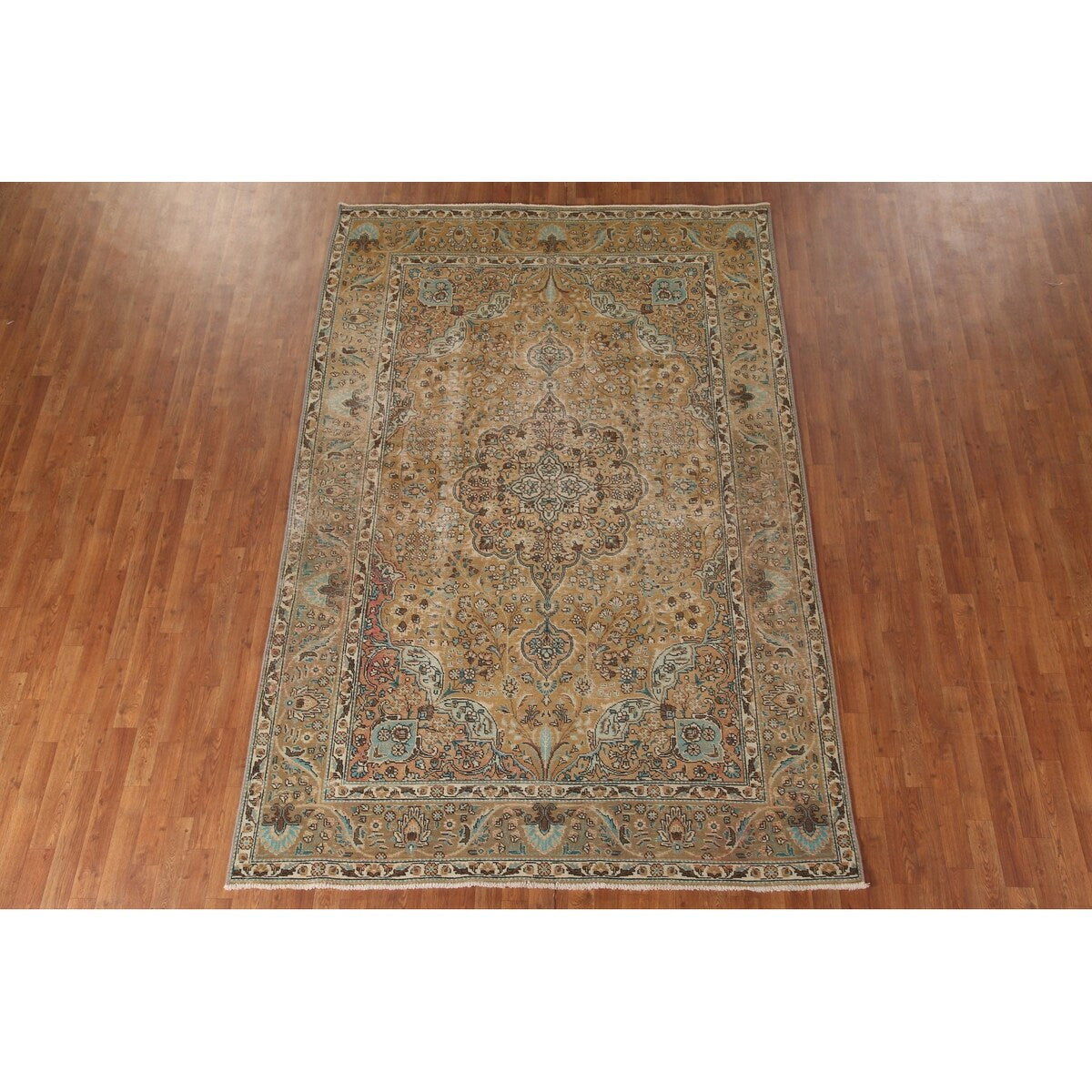 Distressed Gold Tabriz Persian Vintage Rug Hand-Knotted Wool Carpet - 6'6" x 9'9"