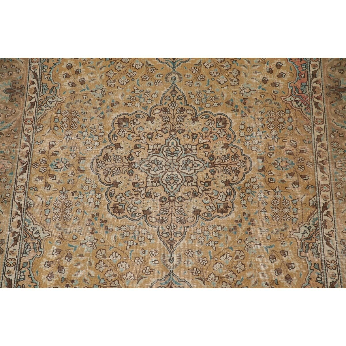 Distressed Gold Tabriz Persian Vintage Rug Hand-Knotted Wool Carpet - 6'6" x 9'9"