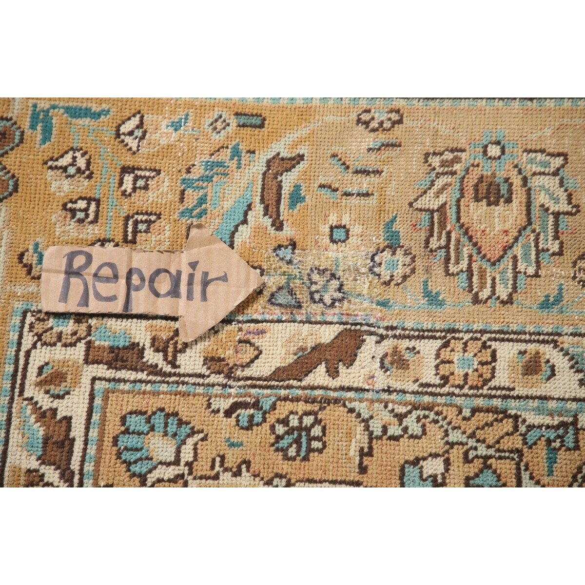 Distressed Gold Tabriz Persian Vintage Rug Hand-Knotted Wool Carpet - 6'6" x 9'9"