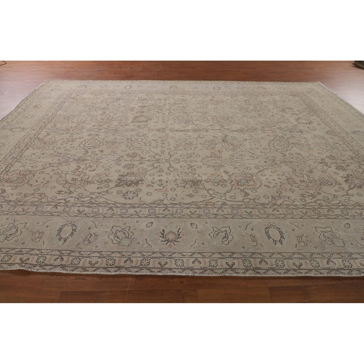 Distressed Tabriz Persian Vintage Rug Hand-Knotted Floral Wool Carpet - 10'0"x 12'11"