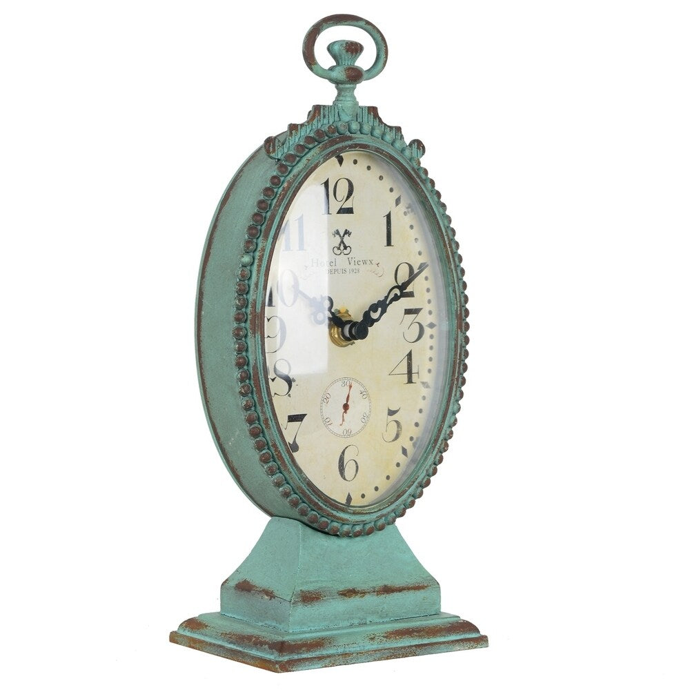 Distressed Turquoise Hotel View Metal Tabletop Clock With Top Handle
