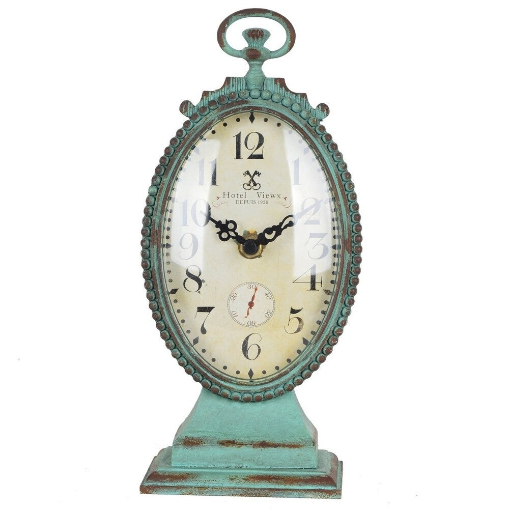 Distressed Turquoise Hotel View Metal Tabletop Clock With Top Handle