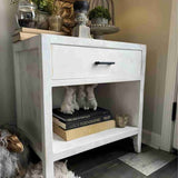 Distressed White Solid Wood 1-Drawer Nightstand Bedside Table with Shelf