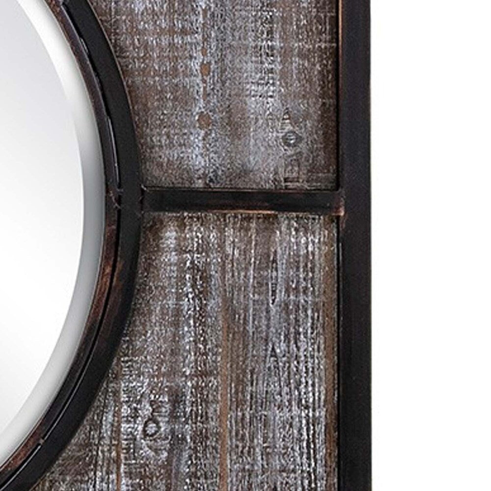 Distressed Wood and Iron Framed Mirror in Square Shape,Brown and Black