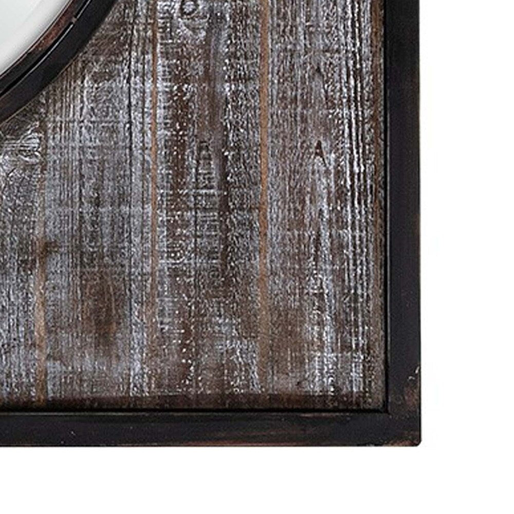 Distressed Wood and Iron Framed Mirror in Square Shape,Brown and Black