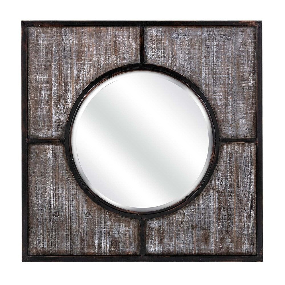 Distressed Wood and Iron Framed Mirror in Square Shape,Brown and Black