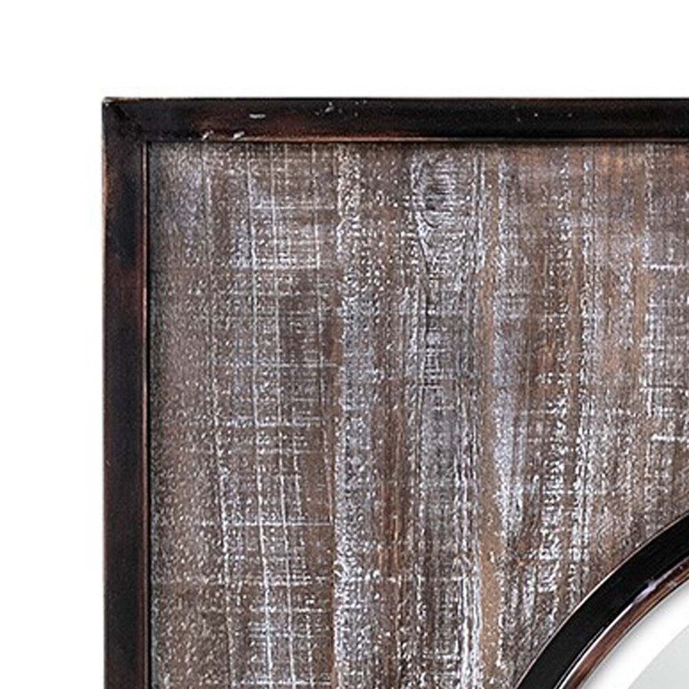Distressed Wood and Iron Framed Mirror in Square Shape,Brown and Black