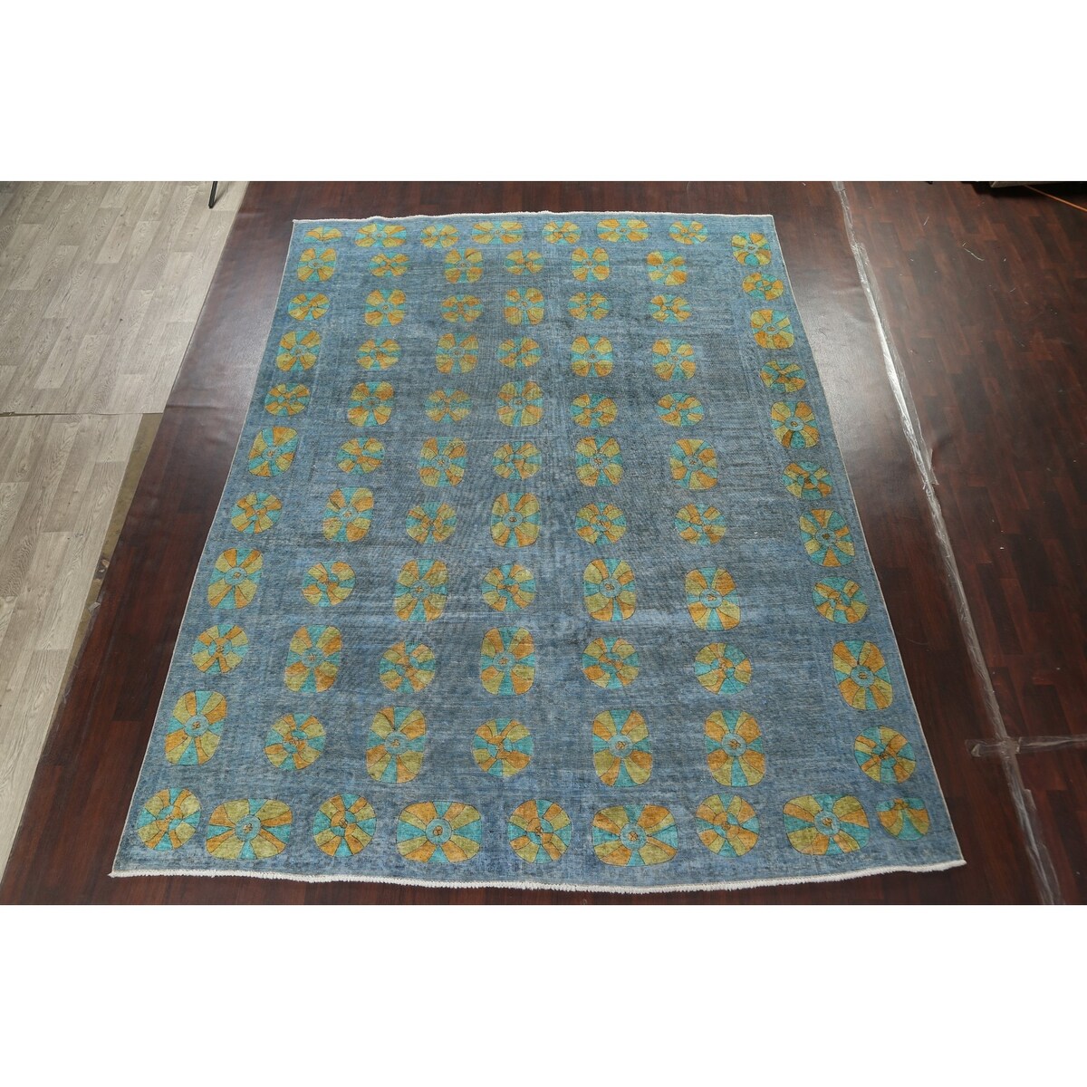 Distressed Wool Geometric Tabriz Persian Area Rug Hand-knotted Carpet - 9'6" x 12'5"