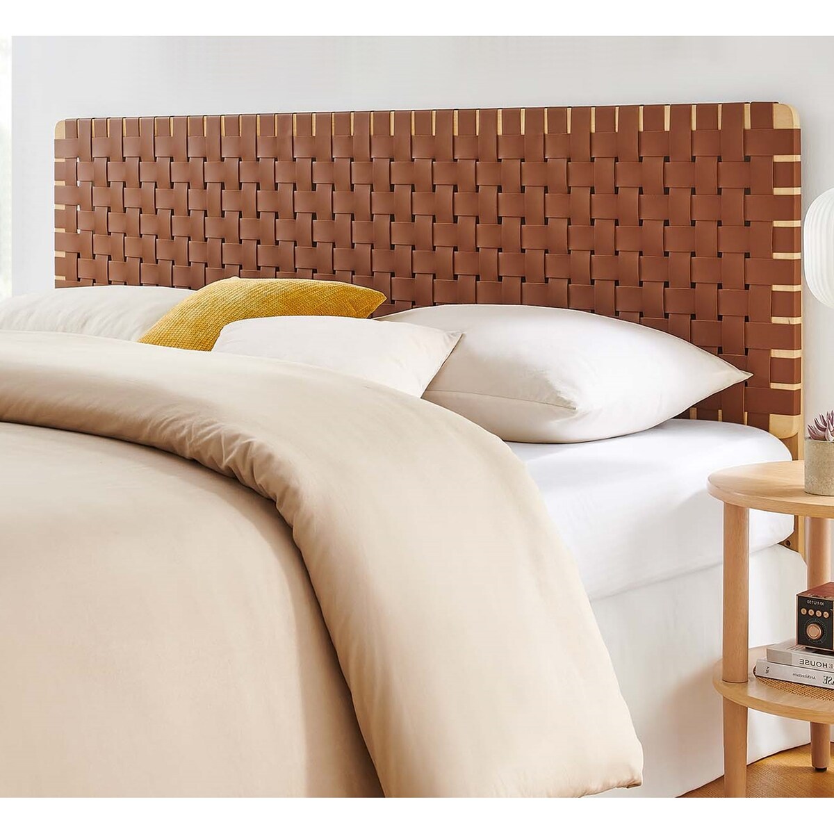 Ditmas Solid Wooden Brown Leather Basket Weaved King Size Headboard