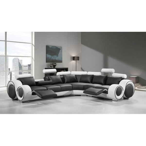 Divani Casa 4087 Modern Black and White Leather Sectional Sofa With Recliners