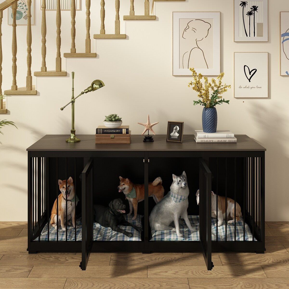 Dog Crate Furniture Indoor - Wooden Dog Kennel with Room Divider,Trays