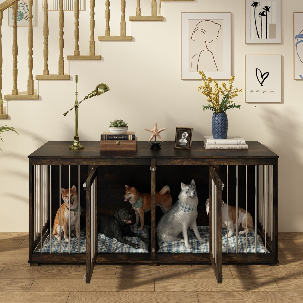 Dog Crate Furniture Indoor - Wooden Dog Kennel with Room Divider,Trays