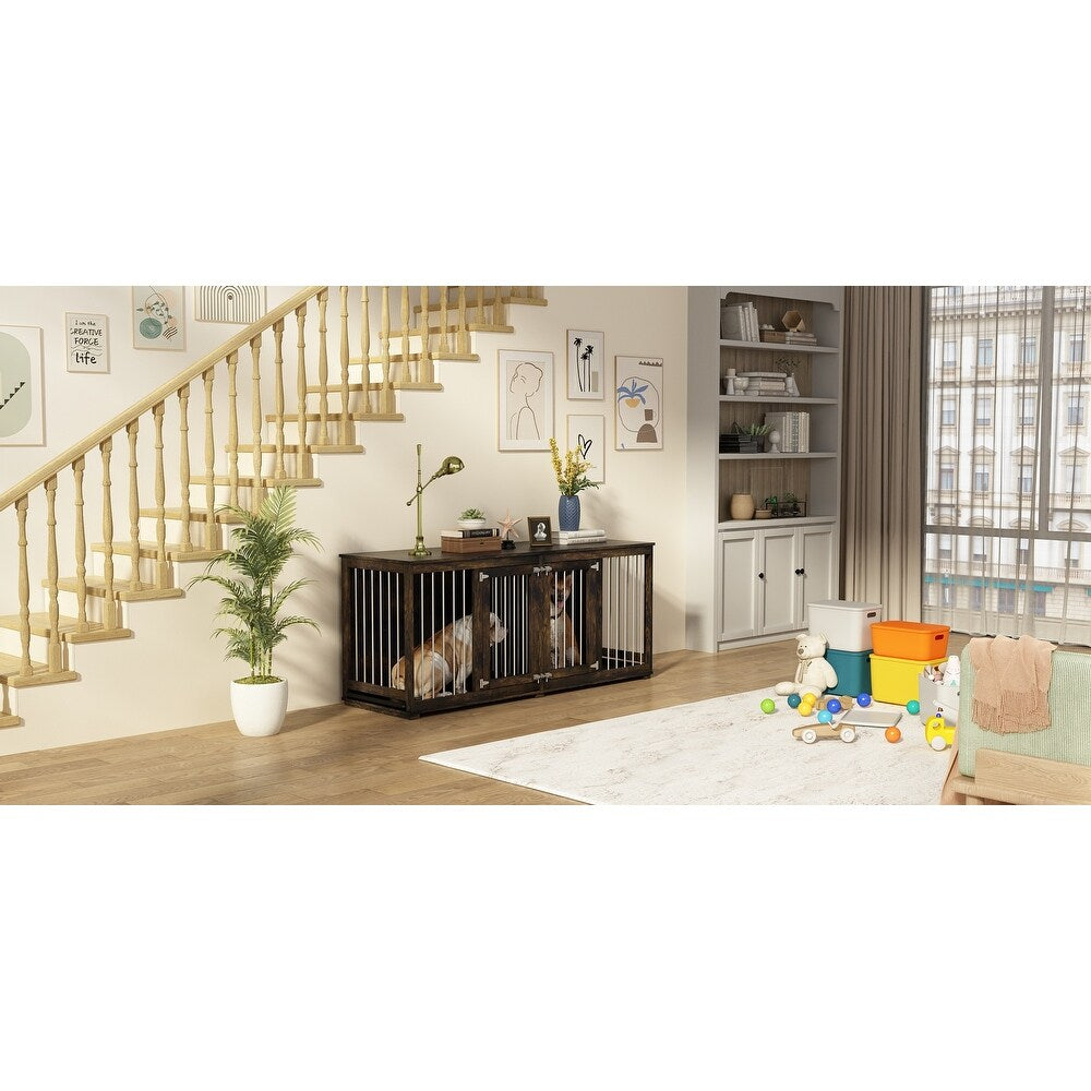 Dog Crate Furniture Indoor - Wooden Dog Kennel with Room Divider,Trays