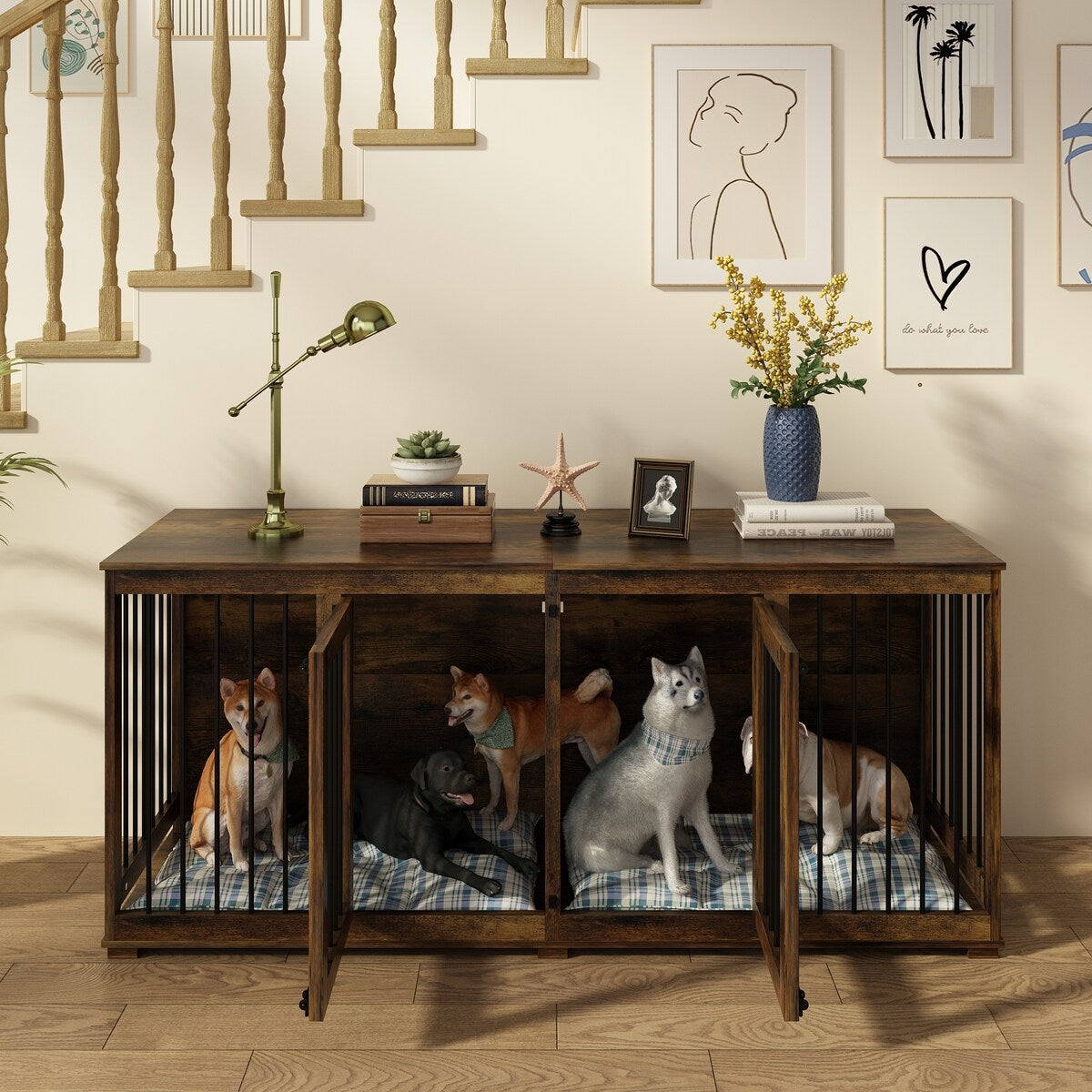 Dog Crate Furniture Indoor - Wooden Dog Kennel with Room Divider,Trays