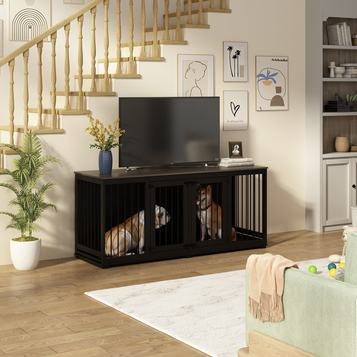 Dog Crate Furniture Indoor - Wooden Dog Kennel with Room Divider,Trays