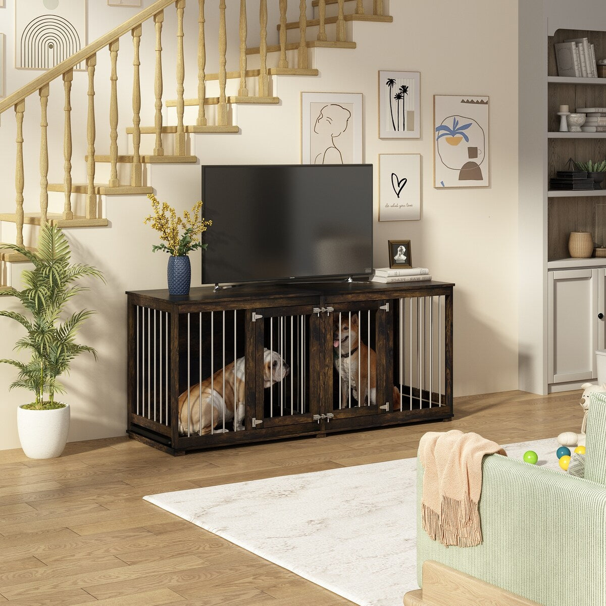 Dog Crate Furniture Indoor - Wooden Dog Kennel with Room Divider,Trays