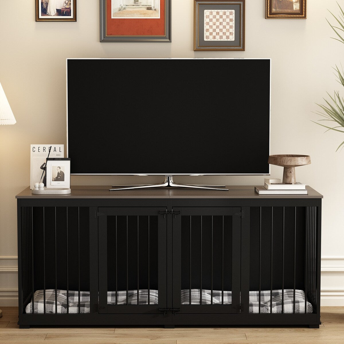 Dog Crate Furniture Indoor - Wooden Dog Kennel with Room Divider,Trays