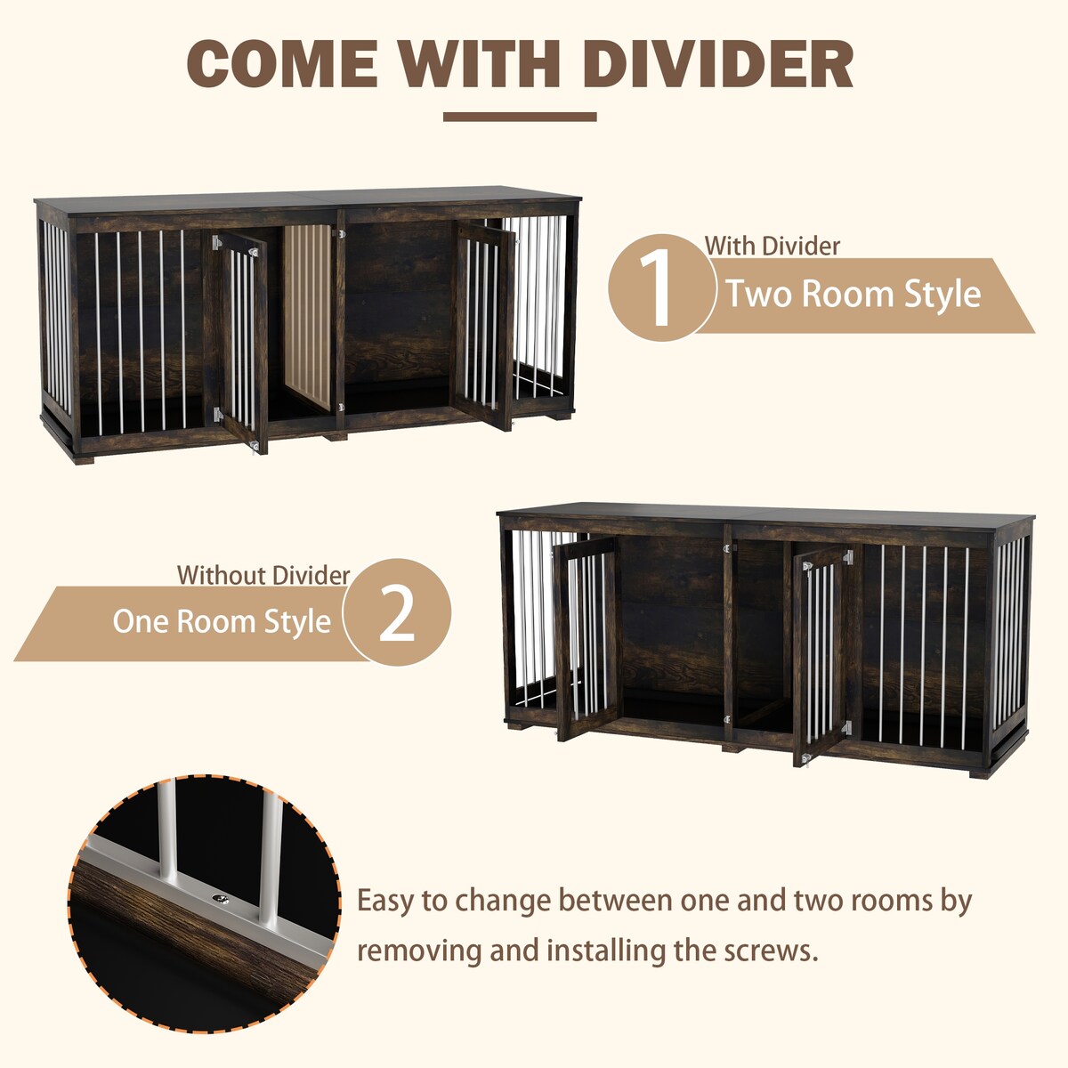 Dog Crate Furniture Indoor - Wooden Dog Kennel with Room Divider,Trays