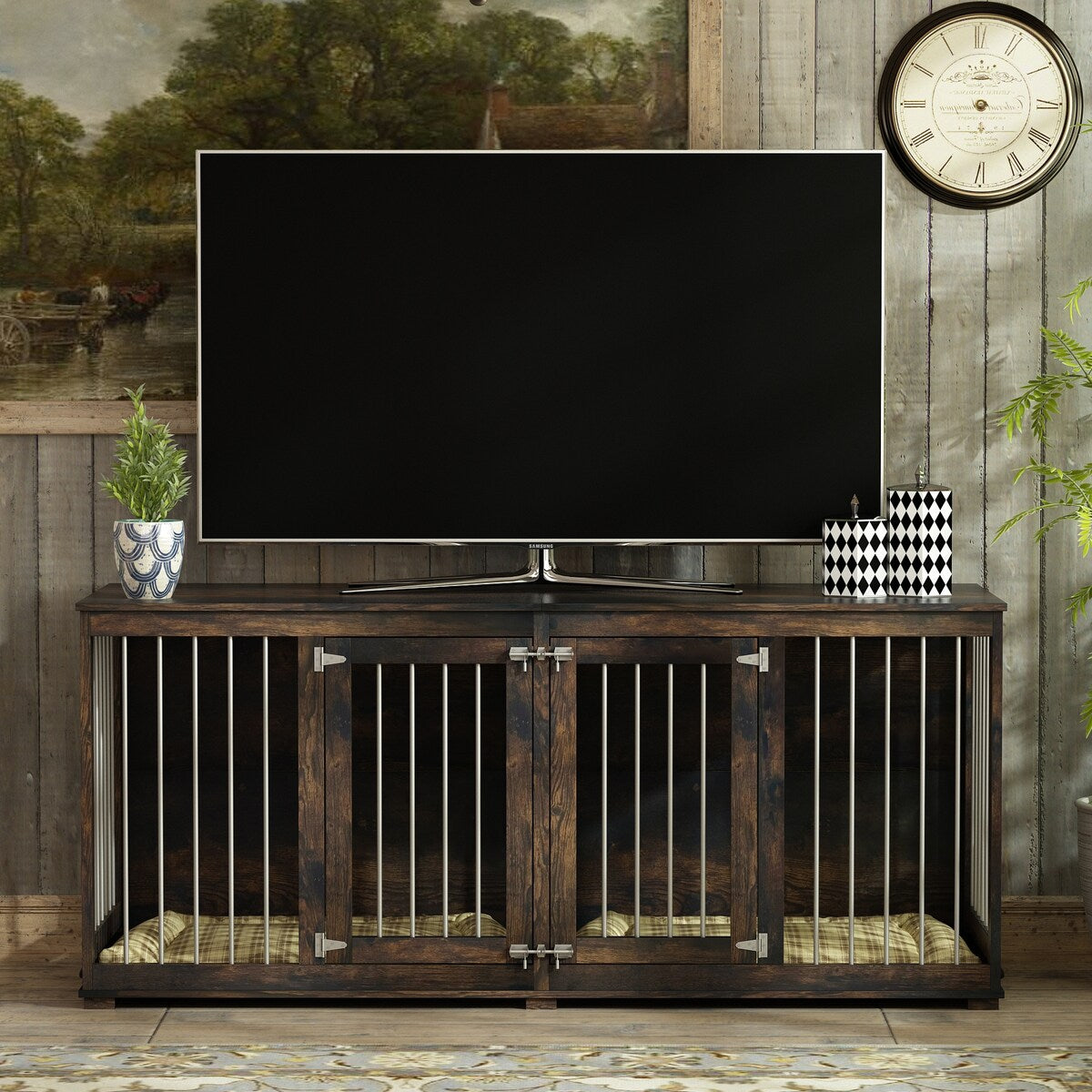 Dog Crate Furniture Indoor - Wooden Dog Kennel with Room Divider,Trays