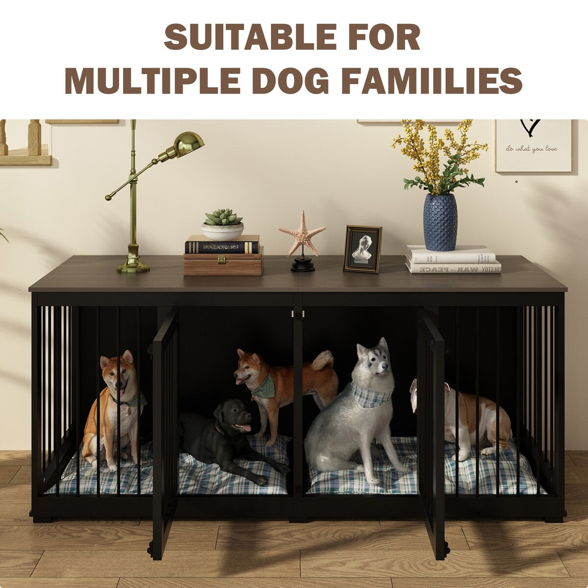 Dog Crate Furniture Indoor - Wooden Dog Kennel with Room Divider,Trays