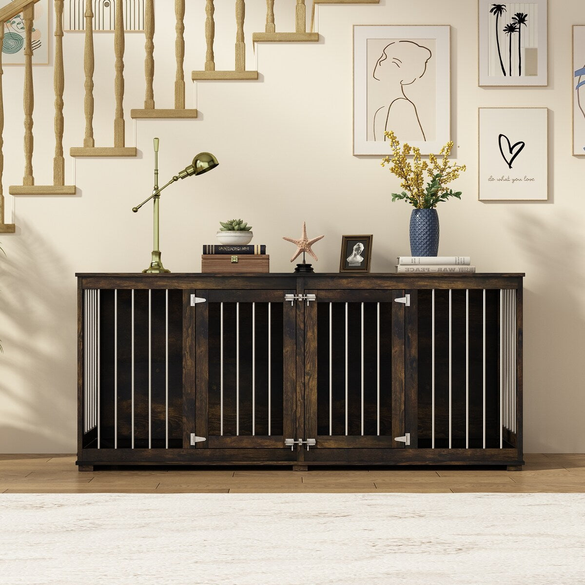 Dog Crate Furniture Indoor - Wooden Dog Kennel with Room Divider,Trays