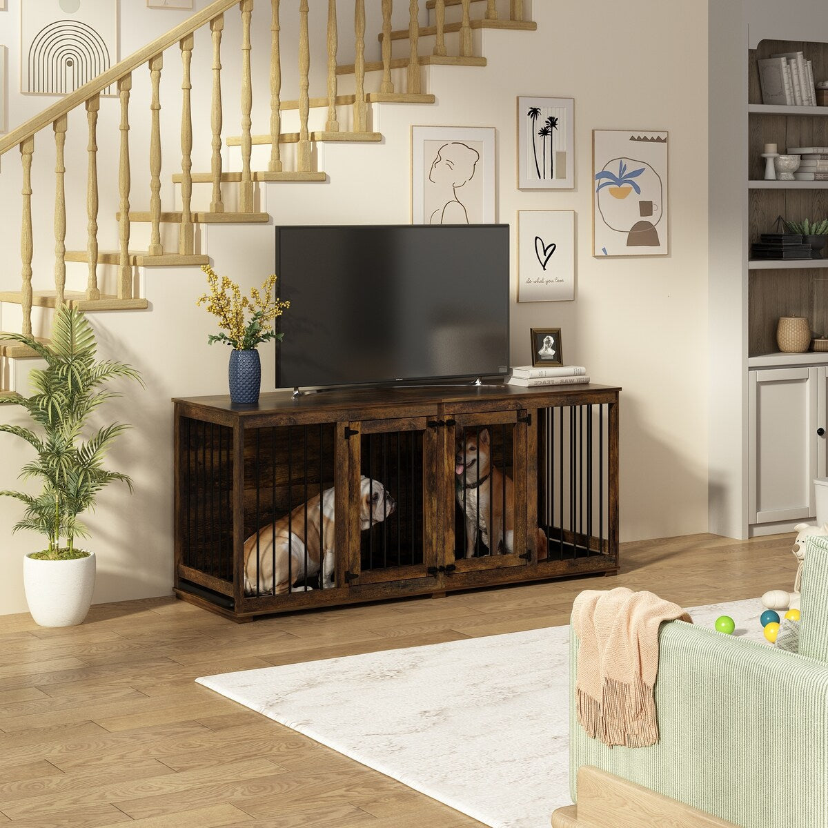 Dog Crate Furniture Indoor - Wooden Dog Kennel with Room Divider,Trays