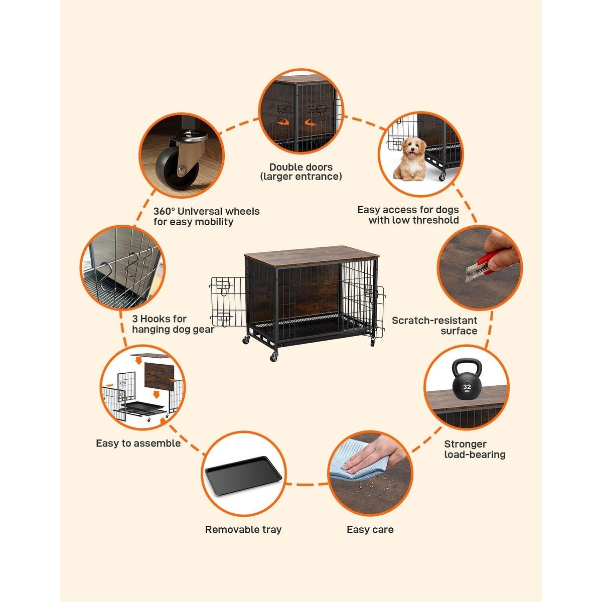 Dog Crate Furniture, Removable Tray and Wheels