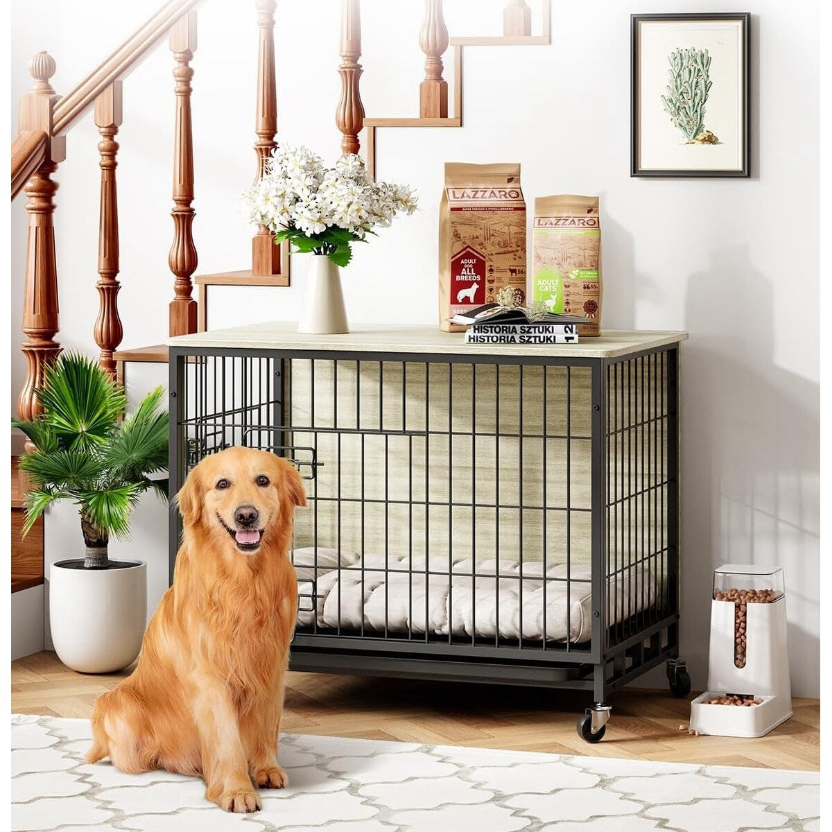 Dog Crate Furniture, Removable Tray and Wheels