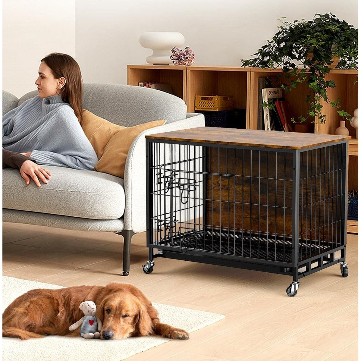 Dog Crate Furniture, Removable Tray and Wheels