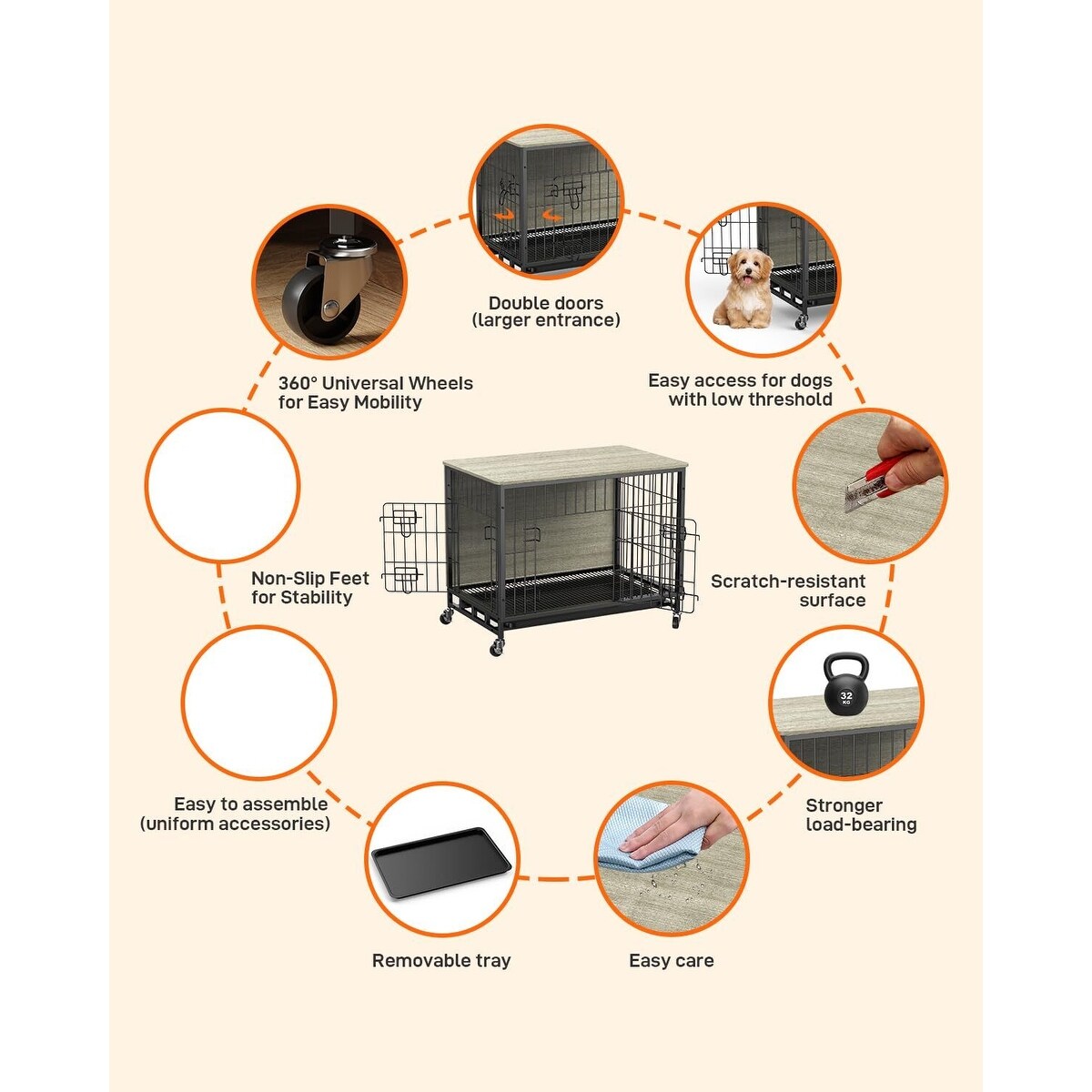 Dog Crate Furniture, Removable Tray and Wheels