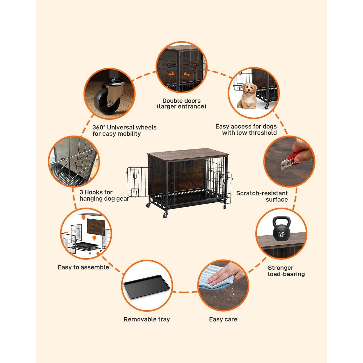 Dog Crate Furniture, Removable Tray and Wheels
