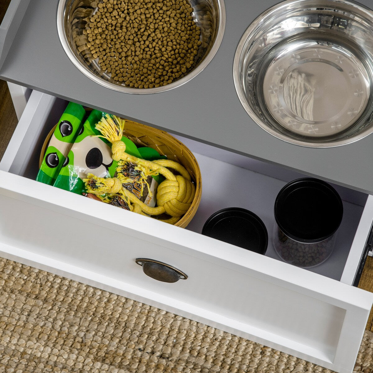 Dog Feeding Station with Storage Drawer, Dog Food Storage Cabinet with 2 Removable Elevated Dog Bowls for Large Sized Dogs