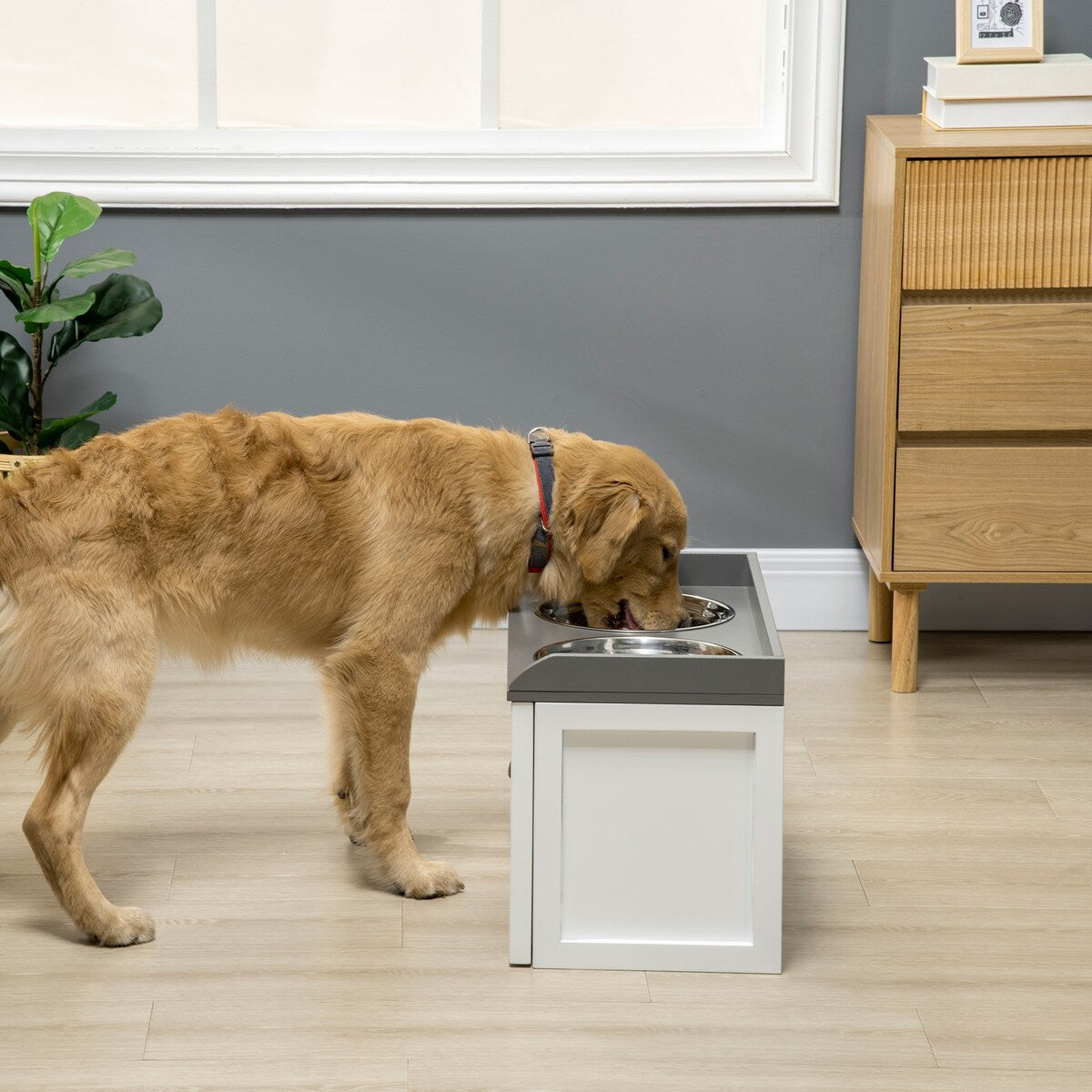 Dog Feeding Station with Storage Drawer, Dog Food Storage Cabinet with 2 Removable Elevated Dog Bowls for Large Sized Dogs