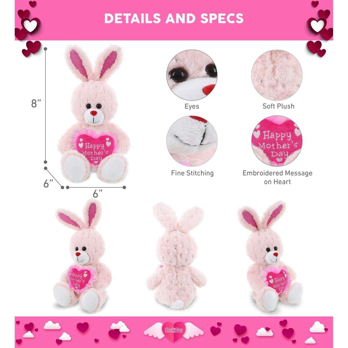 DolliBu Happy Mother’s Day Soft Plush Rose Gold Bunny with Pink Heart - 8 inches
