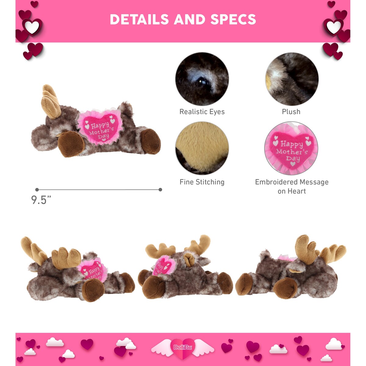 DolliBu Happy Mother’s Day Super Soft Plush Brownish Lying Moose Doll - 9.5 inches