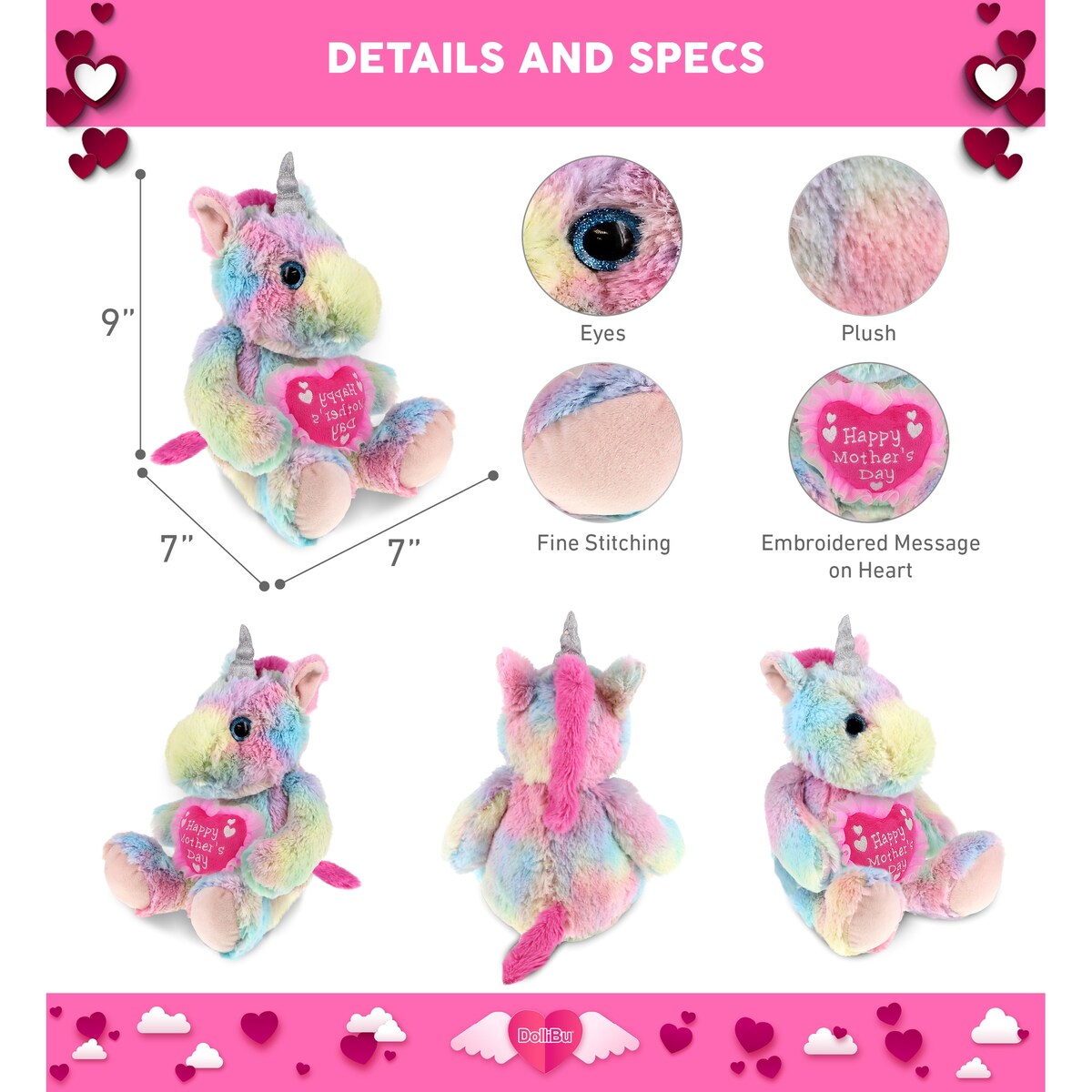 DolliBu Happy Mother’s Day Super Soft Plush Sitting Rainbow Unicorn - 10 inches