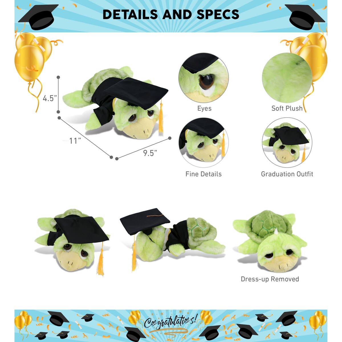 DolliBu Large Green Sea Turtle Graduation Plush Toy with Gown and Cap - 11 inches
