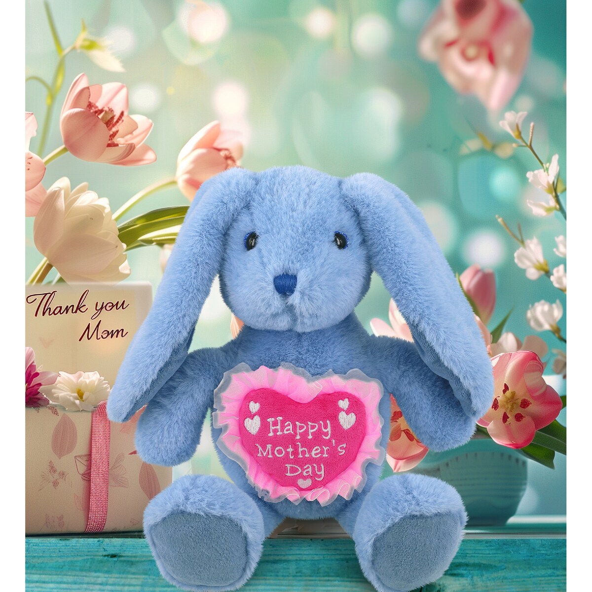 DolliBu Mother’s Day Super Soft Plush Baby Blue Rabbit With Pink Heart - 8 inches