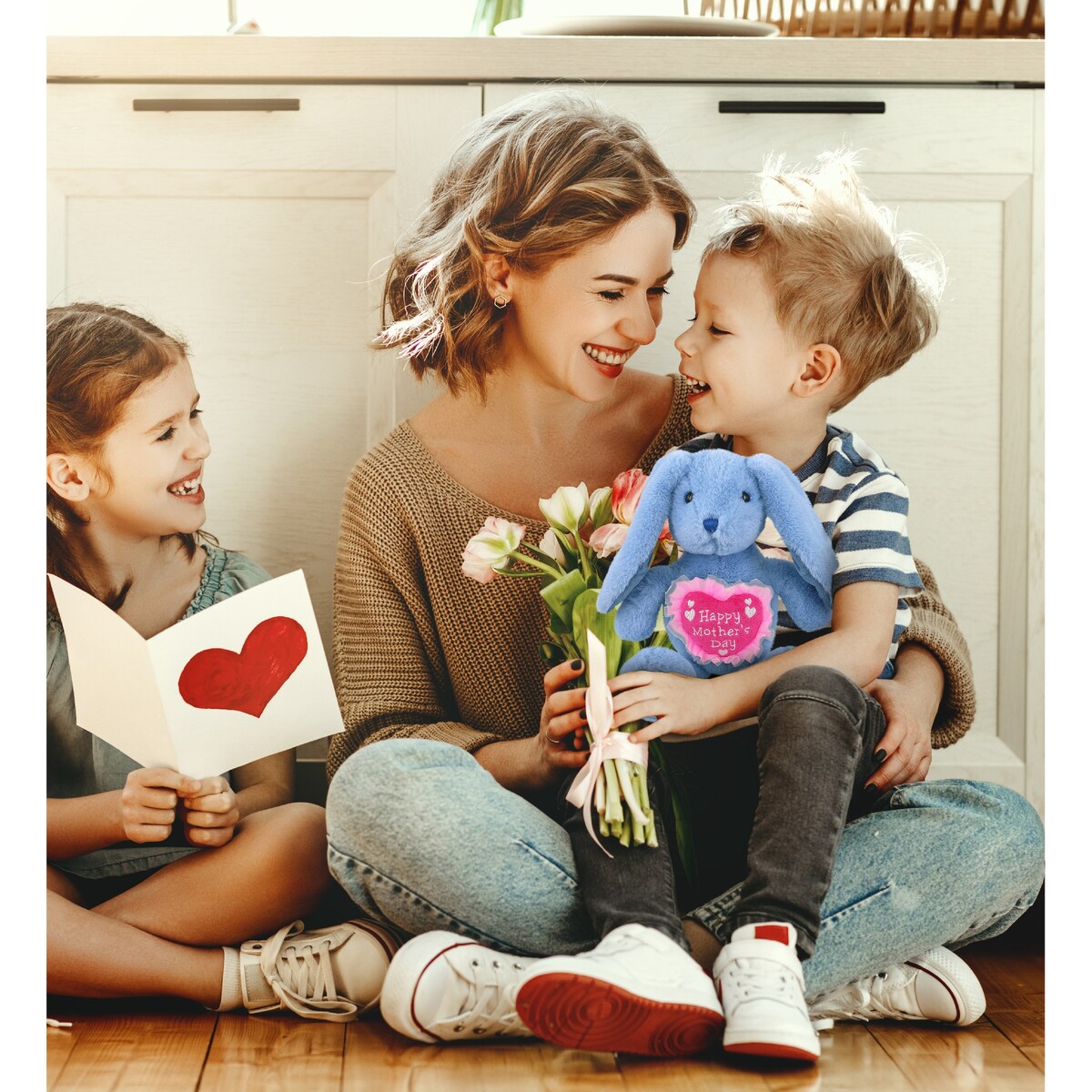DolliBu Mother’s Day Super Soft Plush Baby Blue Rabbit With Pink Heart - 8 inches