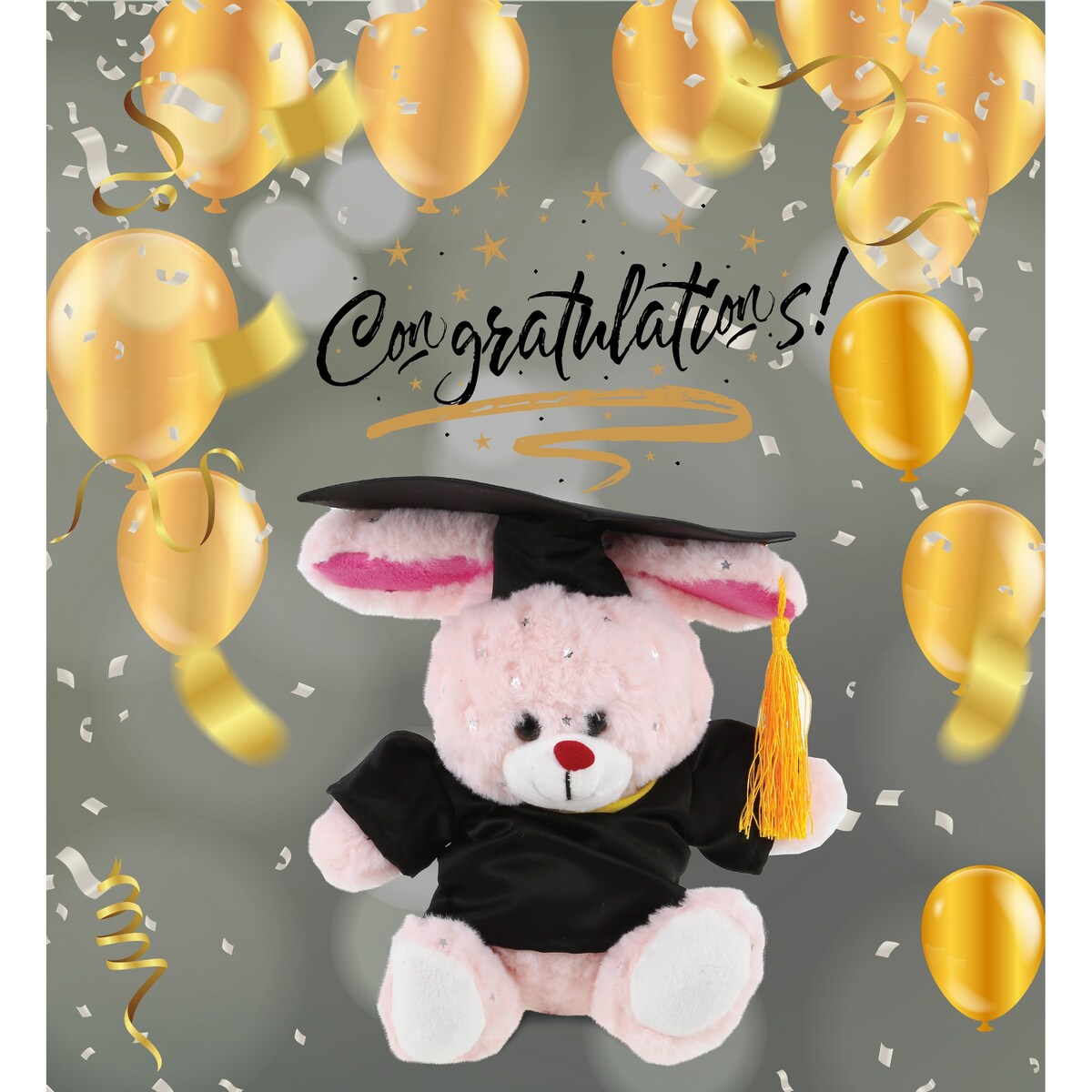DolliBu Rose Gold Bunny Graduation Plush Toy with Gown and Cap - 8 inches